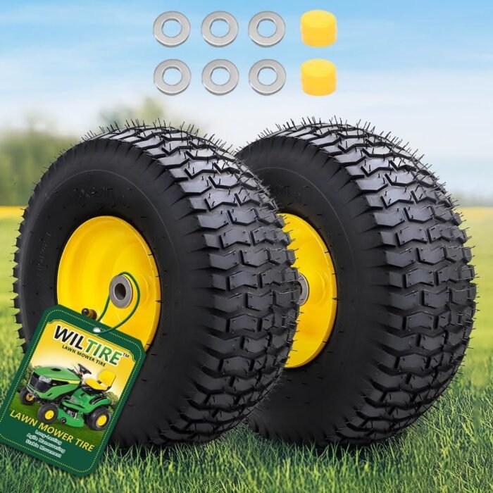 15x6.00-6 Tubeless Tire and Wheel Assembly(2 Pack) ，Replacement Riding Lawn Mower Front Tires,Compatible withRiding Mowers and Lawn Tractor, 3" Centered Hub and 3/4" Bushings（Yellow) - Image 2
