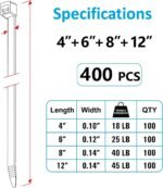 Zip Ties Assorted Sizes(4”+6”+8”+12”), 400 Pack, Black Cable Ties, UV Resistant Wire Ties by ANOSON - Image 3