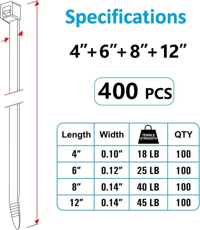 Zip Ties Assorted Sizes(4”+6”+8”+12”), 400 Pack, Black Cable Ties, UV Resistant Wire Ties by ANOSON - Image 3