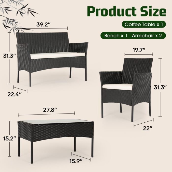 FDW | 4-Piece Patio Furniture Set | Black | Outdoor Wicker Furniture with Coffee Table | Modern Rattan Chairs Conversation Set | Outdoor Seating | Weather-Resistant | for Porch, Garden, Lawn - Image 3