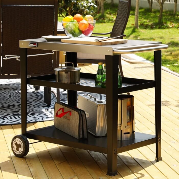 Royal Gourmet PC3404S Rolling Dining Table with Trash Bag Holder, Outdoor Garden Patio BBQ Kitchen Food Prep Table Cart, 34"L x 20"W Stainless Steel Tabletop, Silver & Black - Image 3