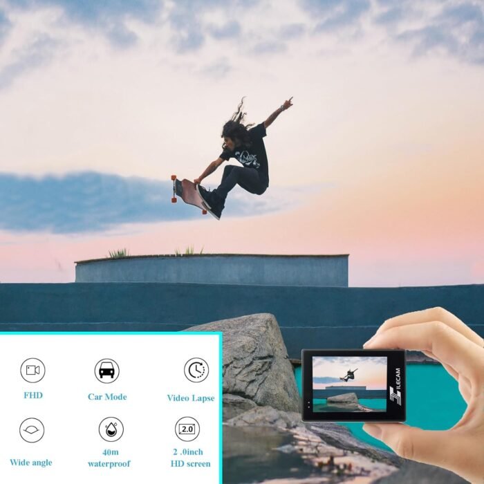 Action Camera 1080P 30fps Sports Camera 40m/131ft Underwater Waterproof with 2 Batteries and Multi-Function Accessory - Image 3