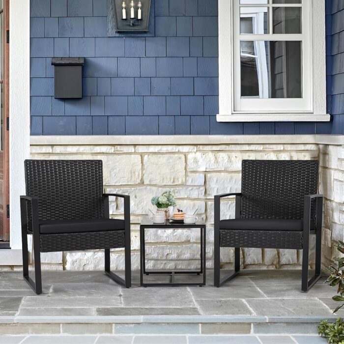 Flamaker 3 Pieces Patio Set Outdoor Wicker Furniture Sets Modern Rattan Chair Conversation Sets with Coffee Table for Yard and Bistro (Black) - Image 3