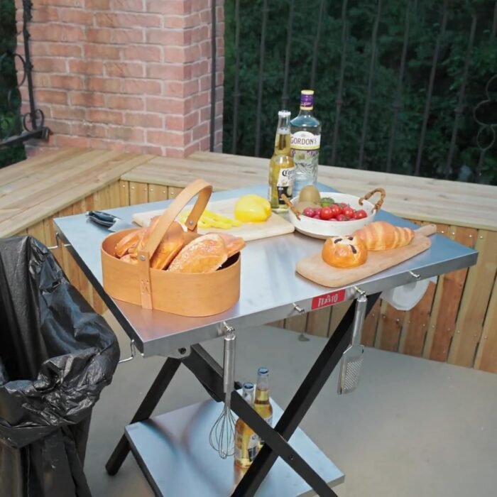 Outdoor Grill Table, Foldable Pizza Oven Stand & Griddle Stand with Garage Rack & Tissue Holder, Folding Outdoor Prep Table for Gathering and Party, 30" x 24", Stainless Steel - Image 3