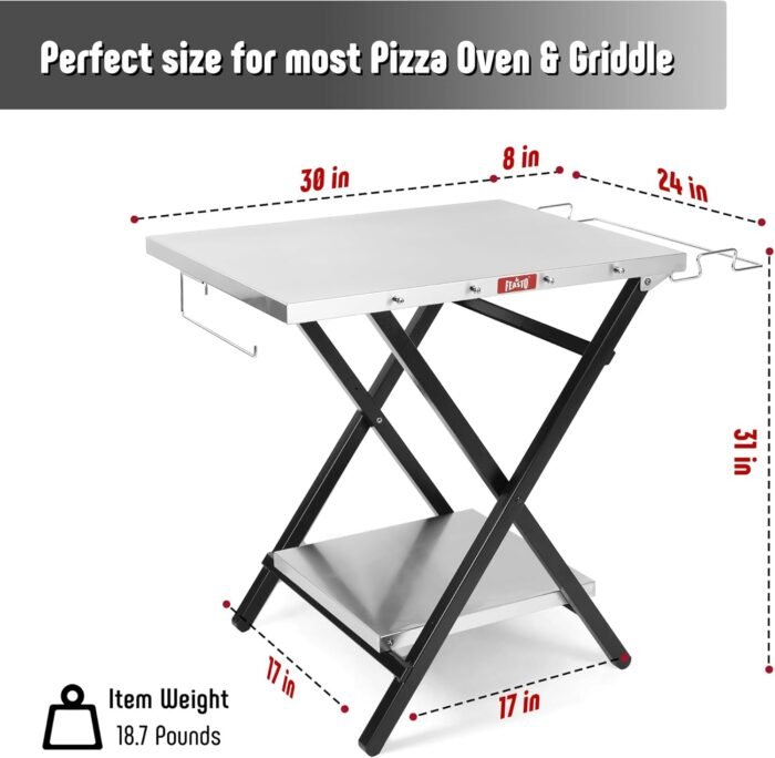 Outdoor Grill Table, Foldable Pizza Oven Stand & Griddle Stand with Garage Rack & Tissue Holder, Folding Outdoor Prep Table for Gathering and Party, 30" x 24", Stainless Steel - Image 4