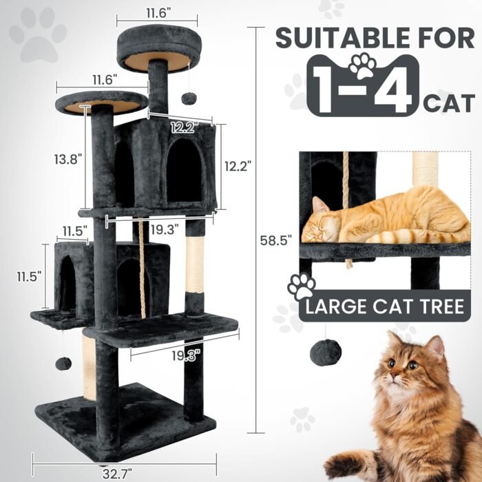 58.5inch Large Cat Tree Tower Condo for Indoor Cats, Soft Plush Multi-Level Climbing Tree Cat House with 1 360° Rotating Cat Cave, Scratching Post, More Entrance/Exit, Sisal Rope, Grey Black - Image 3