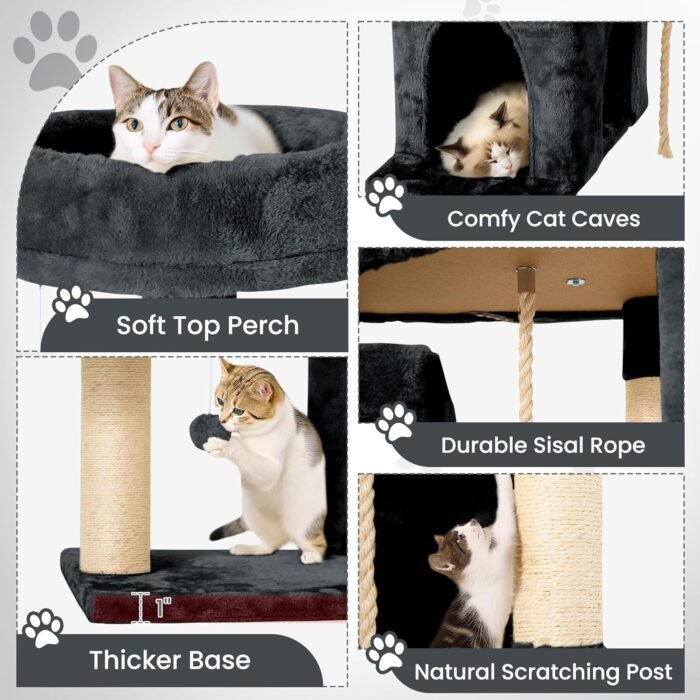 58.5inch Large Cat Tree Tower Condo for Indoor Cats, Soft Plush Multi-Level Climbing Tree Cat House with 1 360° Rotating Cat Cave, Scratching Post, More Entrance/Exit, Sisal Rope, Grey Black - Image 5