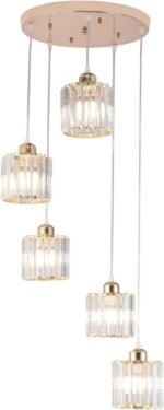 Crystal Pendant Lights Chandeliers for High Ceilings Modern Crystal Chandeliers Hanging Light Fixture Raindrop Drop Lamp for Dining Room Foyer Living Room Entryway Gold 5 Lights - Image 3