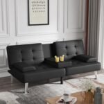 Flamaker Futon Sofa Bed Modern Folding Futon Set Convertible Recliner Lounge for Living Room with 2 Cup Holders, Removable Armrests (PU Leather, Black) - Image 3