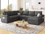 108 Inch Sectional Sleeper Sofa with Pull Out Bed,U Shaped 7 Seat Modular Sectional Sofa with Storage,Sectional Couches for Living Room,Cloud Modular Couch,Removable Sofa Cover,Dark Grey - Image 3