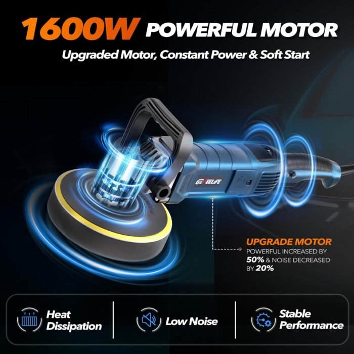 Buffer Polisher, 6 Inch/7 Inch 1600W Rotary Car Buffer Polisher Waxer, 7 Variable Speed 1000-3500 RPM, Detachable Handle for Car, Boat Sanding, Polishing, Waxing - Image 3