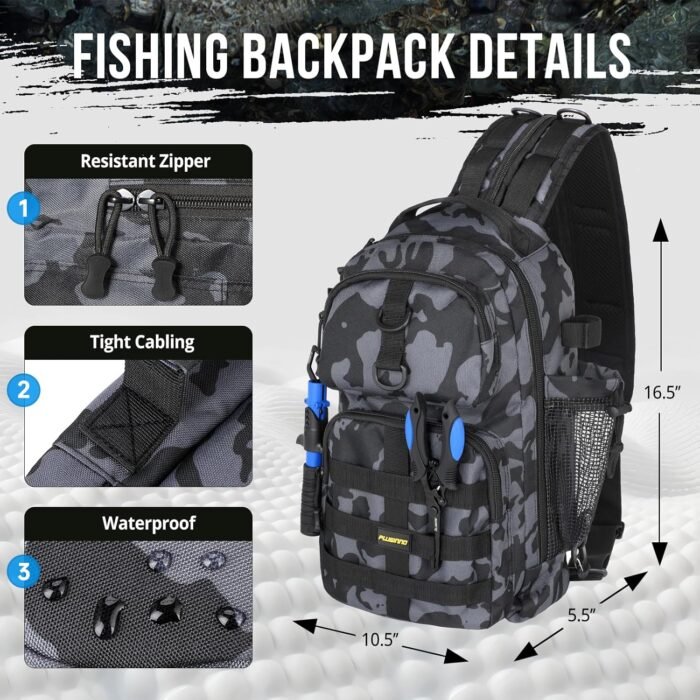PLUSINNO Fishing Backpack with Tackle Boxes, Waterproof Fishing Sling Tackle Bag For Fishing Gear With Rod Holder, Fishing Gifts for Men With Fishing lures, Fishing pliers, Fish Lip Gripper. - Image 3