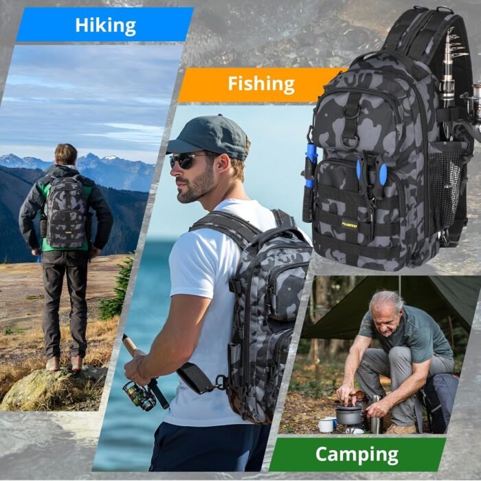 PLUSINNO Fishing Backpack with Tackle Boxes, Waterproof Fishing Sling Tackle Bag For Fishing Gear With Rod Holder, Fishing Gifts for Men With Fishing lures, Fishing pliers, Fish Lip Gripper. - Image 8