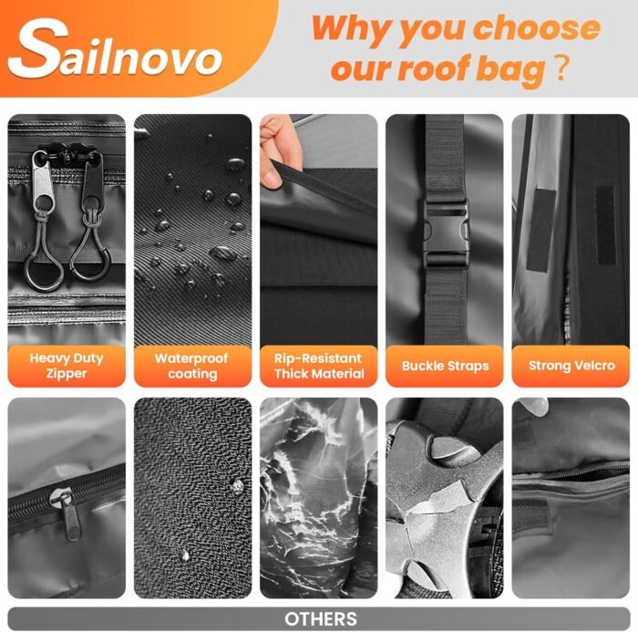 Sailnovo Car Rooftop Cargo Carrier Roof Bag, 20 Cubic feet Waterproof Roof Cargo Carrier fit car with/Without Luggage Rack - Vehicle Soft Shell Roof Cargo Box with Tie-Down Strap, Safety Hook - Image 3
