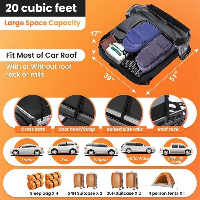 Sailnovo Car Rooftop Cargo Carrier Roof Bag, 20 Cubic feet Waterproof Roof Cargo Carrier fit car with/Without Luggage Rack - Vehicle Soft Shell Roof Cargo Box with Tie-Down Strap, Safety Hook - Image 4