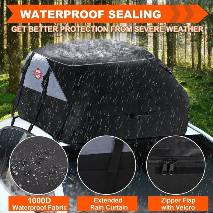 Sailnovo Car Rooftop Cargo Carrier Roof Bag, 20 Cubic feet Waterproof Roof Cargo Carrier fit car with/Without Luggage Rack - Vehicle Soft Shell Roof Cargo Box with Tie-Down Strap, Safety Hook - Image 6