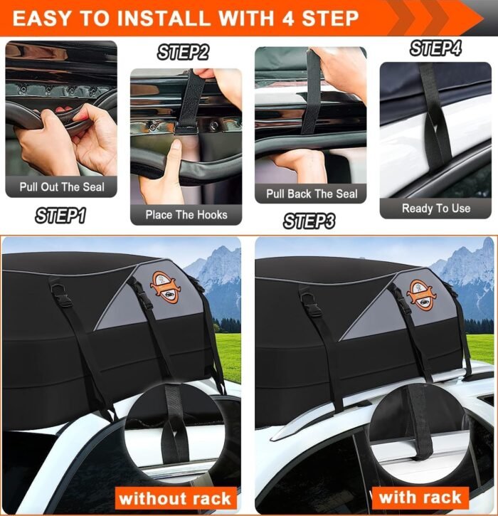 Sailnovo Car Rooftop Cargo Carrier Roof Bag, 20 Cubic feet Waterproof Roof Cargo Carrier fit car with/Without Luggage Rack - Vehicle Soft Shell Roof Cargo Box with Tie-Down Strap, Safety Hook - Image 7