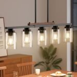 Amico Dining Room Light Fixture 5-Light Kitchen Island Lighting with Adjustable Rods, Farmhouse Decor Black Metal & Wood Chandelier with Seeded Glass Shade, Island Lights for Kitchen - Image 3