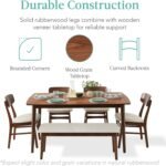 Best Choice Products 6-Piece Wooden Dining Set, Mid-Century Modern Table & Upholstered Chair Set w/Bench Seat, Rubberwood Legs - Walnut/Cream - Image 5