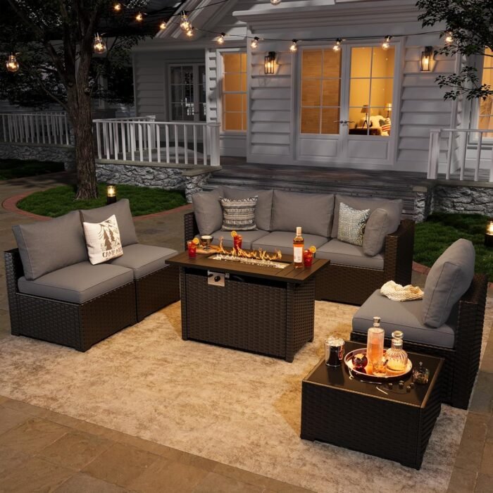 Aoxun 8 Piece Patio Furniture Set with 44” Fire Pit Table Wicker Rattan Patio Sectional Sofa Set Outdoor Seating Furniture with Thickened Cushion, Grey - Image 3