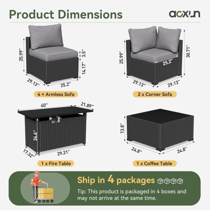 Aoxun 8 Piece Patio Furniture Set with 44” Fire Pit Table Wicker Rattan Patio Sectional Sofa Set Outdoor Seating Furniture with Thickened Cushion, Grey - Image 8