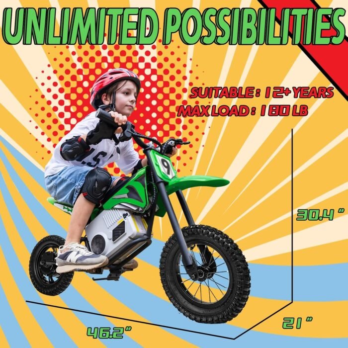 KerryYoo 36V 350W Electric Dirt Bike for Kids 8-14, Up to 16MPH Off-Road Electric Motorcycle with Explosion-Proof Tires, Twist Grip Throttle, Spring Suspension,Kids Ride On Dirtbike(Green) - Image 7