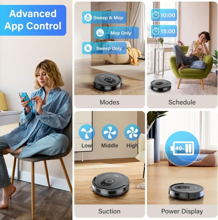 Tikom Robot Vacuum and Mop Combo, 5000Pa Robotic Vacuum Cleaner, 150 Min Max, App & Remote Control, Ideal for Hard Floor, Carpet, Pet Hair, Self-Charge(G8000 Max) - Image 5