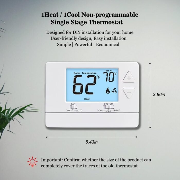 NonProgrammable Thermostat for Home, Digital Energy-Saving Thermostat,Single-Stage Systems, 1 Heat/1 Cool, Easy DIY Install,White Backlight - Image 3
