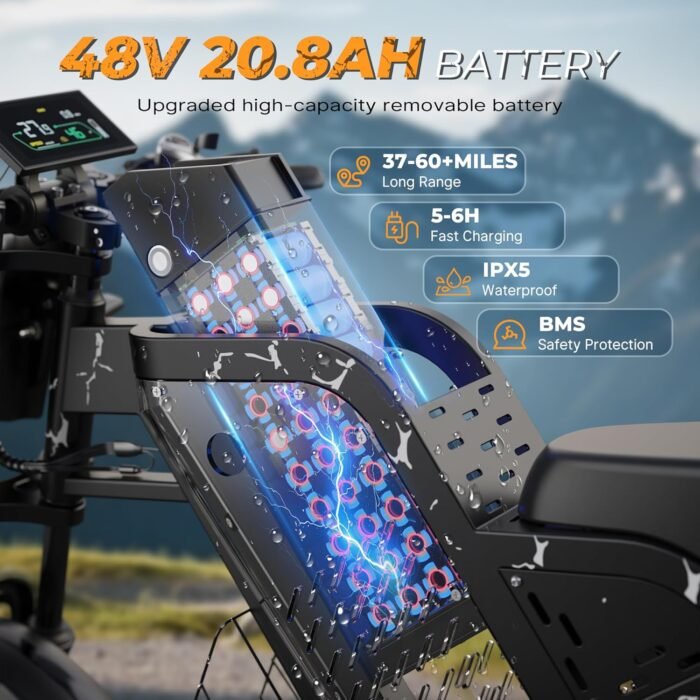 VARUN Xplorer Raptor Electric Dirt Bike- Peak 1000W Ebike for Adults Up to 60Miles & 28MPH，48V 20.8Ah Battery, 20" Fat Tires, 7-Speed All-Terrain E-Bike with Suspension, LED Lights & Turn Signals - Image 4