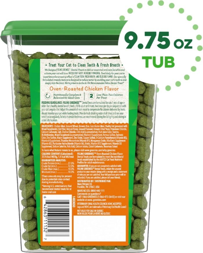 Greenies Feline Adult Dental Cat Treats, Oven Roasted Chicken Flavor, 9.75 oz. Tub - Image 3