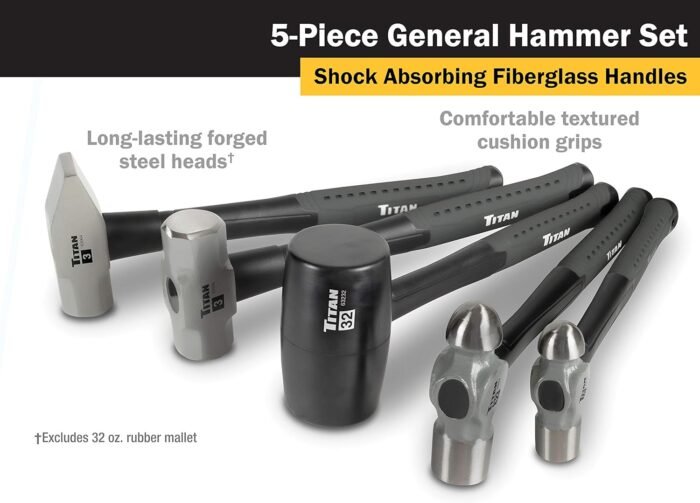 Titan 63125 5-Piece Hammer Set, Includes 16oz & 32oz Ball Pein, 32oz Rubber Mallet, 3lb Sledgehammer, & 3lb Cross Pein, Shock Absorbing Fiberglass Handles with Textured Grips - Image 3