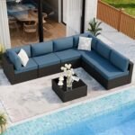 Shintenchi 7 Pieces Outdoor Patio Sectional Sofa Couch, Wicker Furniture Patio Conversation Sets with Washable Cushions & Coffee Table for Garden, Poolside, Backyard (Aegean Blue) - Image 3