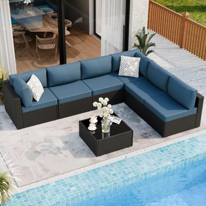 Shintenchi 7 Pieces Outdoor Patio Sectional Sofa Couch, Wicker Furniture Patio Conversation Sets with Washable Cushions & Coffee Table for Garden, Poolside, Backyard (Aegean Blue) - Image 3