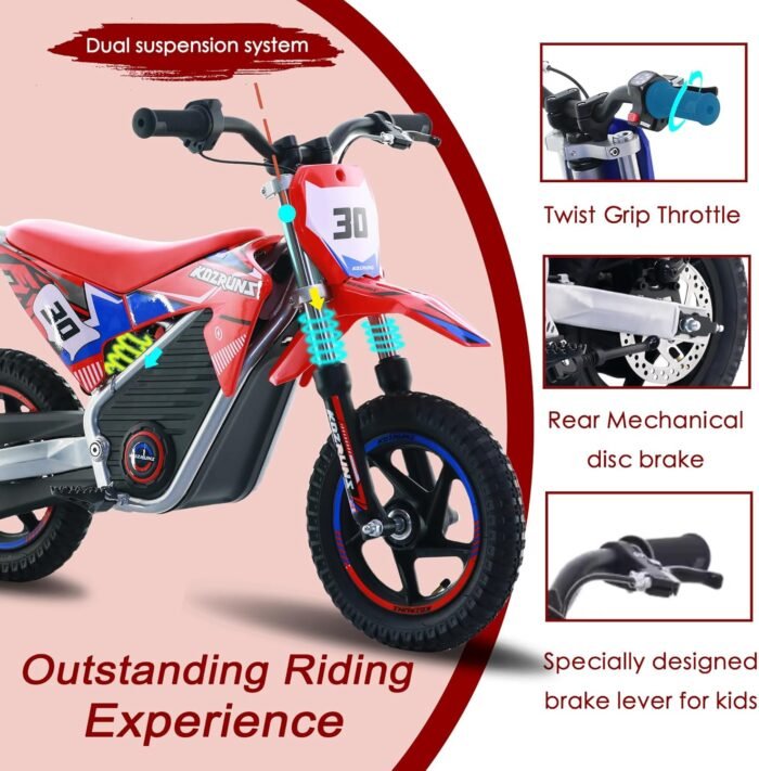 OLALA 36V Electric Dirt Bike for Kids Aged 3-8, Brushless 250W Racing Grade Electric Motorcycle, Up to 15.5MPH & 3 Speed Settings, Safe Disc Brakes, 12'' Off-Road Knobby Tires, Red - Image 4