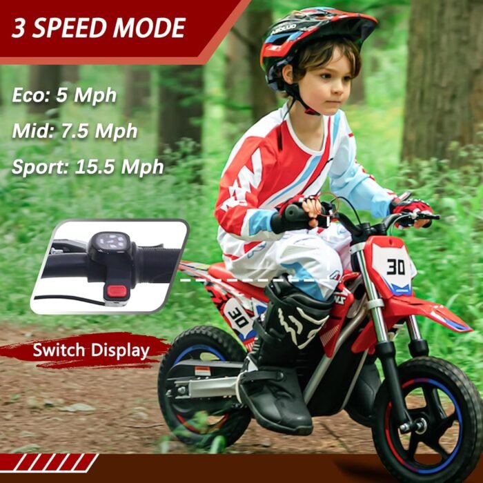 OLALA 36V Electric Dirt Bike for Kids Aged 3-8, Brushless 250W Racing Grade Electric Motorcycle, Up to 15.5MPH & 3 Speed Settings, Safe Disc Brakes, 12'' Off-Road Knobby Tires, Red - Image 6