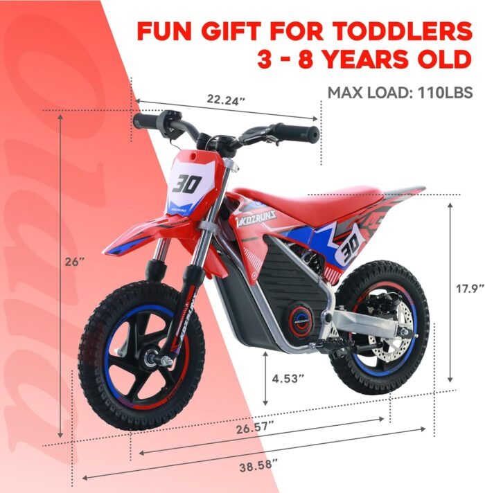 OLALA 36V Electric Dirt Bike for Kids Aged 3-8, Brushless 250W Racing Grade Electric Motorcycle, Up to 15.5MPH & 3 Speed Settings, Safe Disc Brakes, 12'' Off-Road Knobby Tires, Red - Image 7