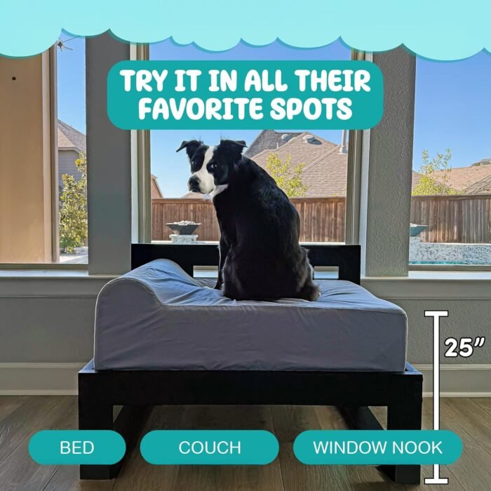 Elevated & Raised Luxury Dog Bed Couch, Fancy Wooden Frame, Extra Thick Orthopedic Memory Foam Sofa Cushion w/Removable Waterproof Washable Cover for Cats & Small, Med & Lg Breed Dogs (with Bolster) - Image 3
