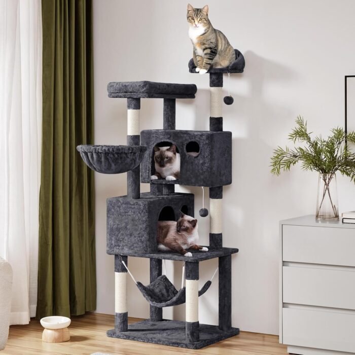 Yaheetech 64.5in Extra Large Multi-Level Cat Tree Kittens Play House Condo with Platform, Perch Hammock & Scratching Posts, Dark Gray - Image 3