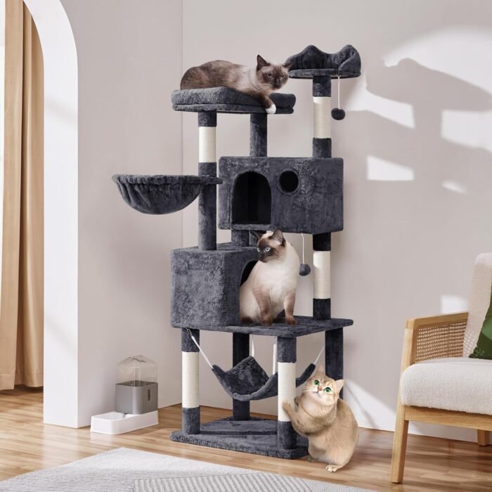 Yaheetech 64.5in Extra Large Multi-Level Cat Tree Kittens Play House Condo with Platform, Perch Hammock & Scratching Posts, Dark Gray - Image 4