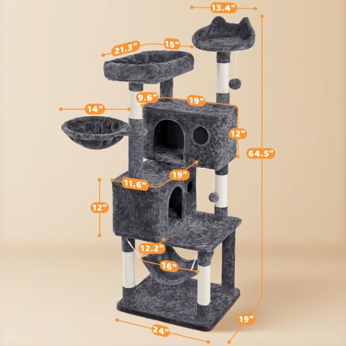 Yaheetech 64.5in Extra Large Multi-Level Cat Tree Kittens Play House Condo with Platform, Perch Hammock & Scratching Posts, Dark Gray - Image 9