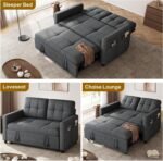 DWVO 55" Convertible Sofa Bed, 3-in-1 Sleeper Sofa with Pull-Out Bed, Linen Futon Couch with Adjustable Backrest and Side Pocket, Modern Loveseat for Living Room Apartment, Grey - Image 5