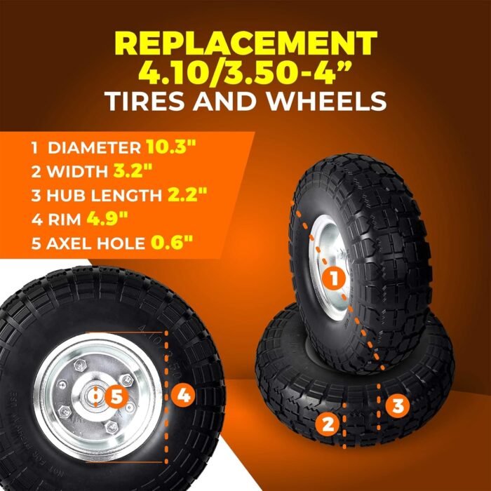 AR-PRO (2-Pack) 10-Inch Solid Rubber Tire Wheels - Replacement 4.10/3.50-4" Flat Free Tire with 5/8" Bearings, 2.2" Offset Hub - Compatible with Hand Truck, Wheelbarrow, Dolly, Gorilla Carts - Image 3