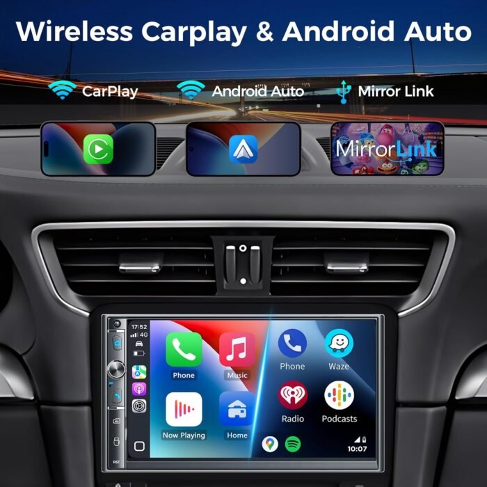 Double Din Car Stereo with 7" HD Touchscreen, Wireless Apple Carplay & Android Auto, Bluetooth, 240W, SWC, Subwoofer Output, Mirror Link, FM/AM Car Radio Receiver, Backup Camera - Image 3
