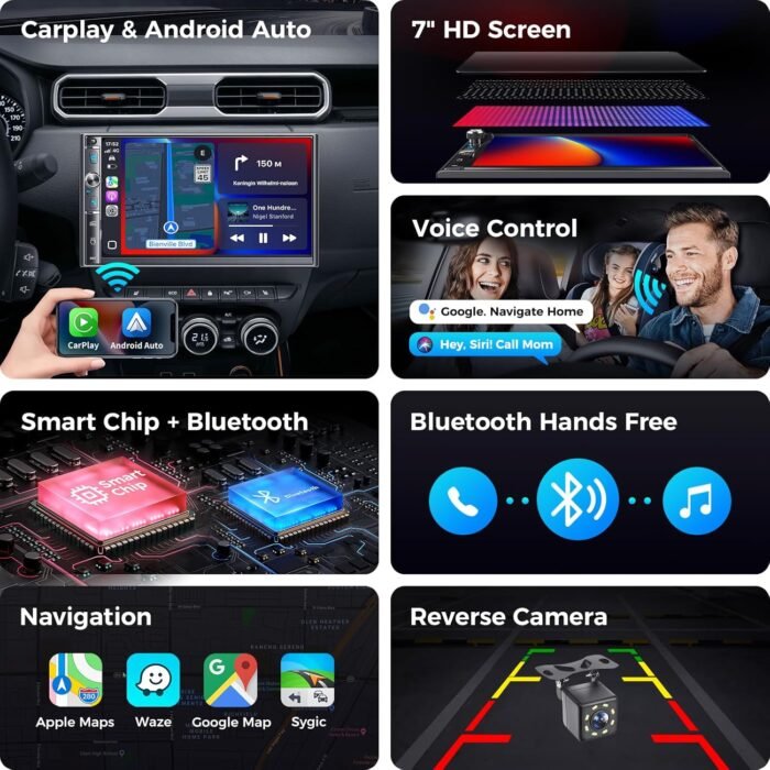 Double Din Car Stereo with 7" HD Touchscreen, Wireless Apple Carplay & Android Auto, Bluetooth, 240W, SWC, Subwoofer Output, Mirror Link, FM/AM Car Radio Receiver, Backup Camera - Image 4