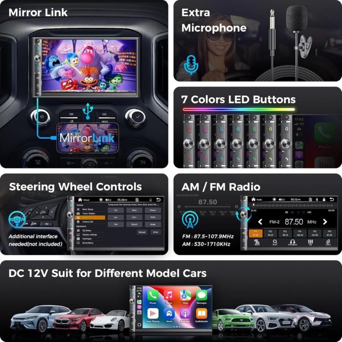 Double Din Car Stereo with 7" HD Touchscreen, Wireless Apple Carplay & Android Auto, Bluetooth, 240W, SWC, Subwoofer Output, Mirror Link, FM/AM Car Radio Receiver, Backup Camera - Image 6