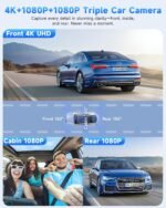 SARMERT 4K 3 Channel Dash Cam, Dash Cam Front and Rear, Free 64GB Card, 4K+1080P+1080P Car Camera, G-Sensor, WDR, APP, 5G WiFi, Night Vision, 24H Parking Monitor - Image 3