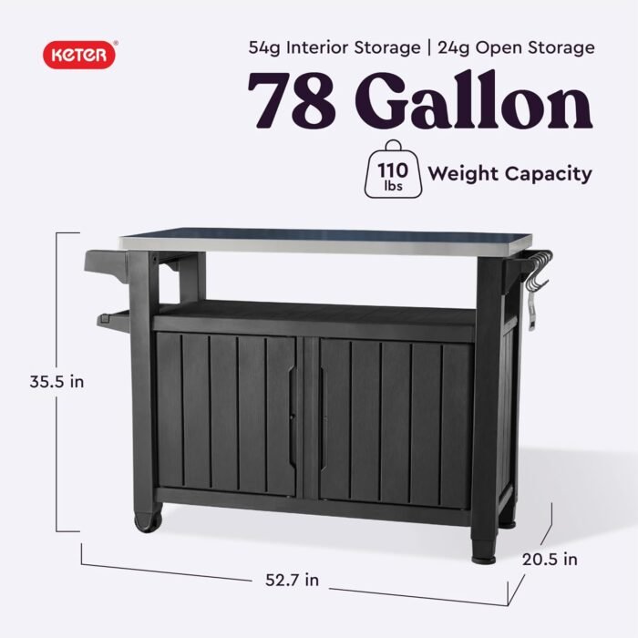 Keter Unity XL Portable Outdoor Table with Stainless Steel Top for Kitchen Prep and Outdoor Storage Cabinet for Grilling Accessories, Dark Grey - Image 3
