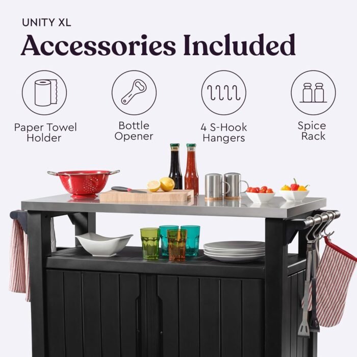 Keter Unity XL Portable Outdoor Table with Stainless Steel Top for Kitchen Prep and Outdoor Storage Cabinet for Grilling Accessories, Dark Grey - Image 4