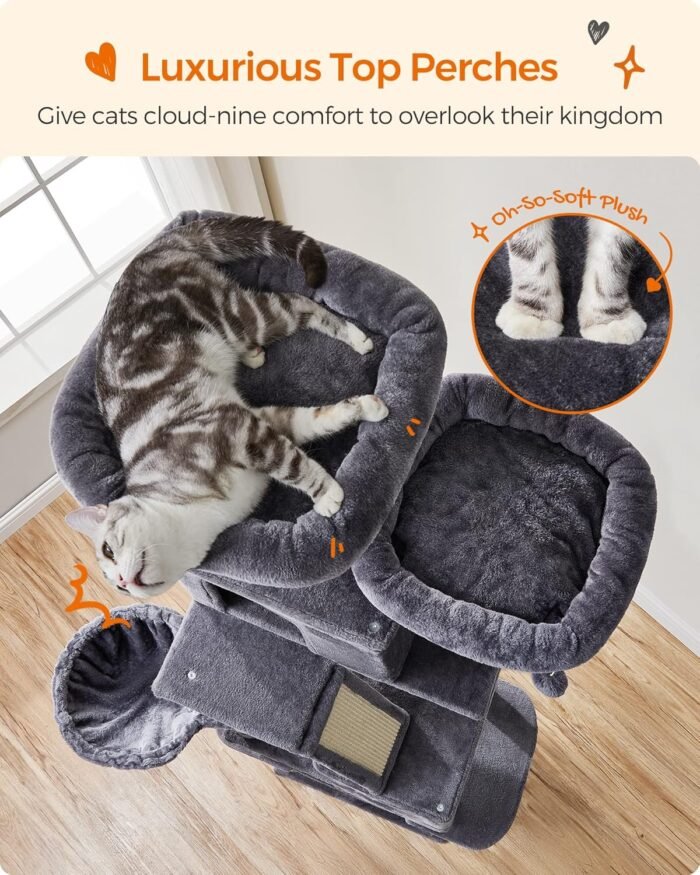 Feandrea Cat Tree, 81.1-Inch Large Cat Tower with 13 Scratching Posts, 2 Perches, 2 Caves, Basket, Hammock, Pompoms, Multi-Level Plush Cat Condo for Indoor Cats, Smoky Gray UPCT190G01 - Image 4