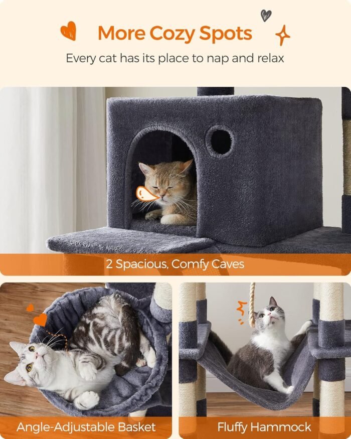 Feandrea Cat Tree, 81.1-Inch Large Cat Tower with 13 Scratching Posts, 2 Perches, 2 Caves, Basket, Hammock, Pompoms, Multi-Level Plush Cat Condo for Indoor Cats, Smoky Gray UPCT190G01 - Image 5